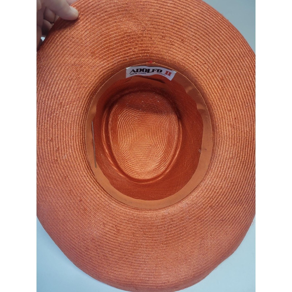 Adolfo II Vintage Wide Brim‎ Straw Hat Burnt Orange Gold Rope Tassel Pearl Pin - Picture 14 of 16